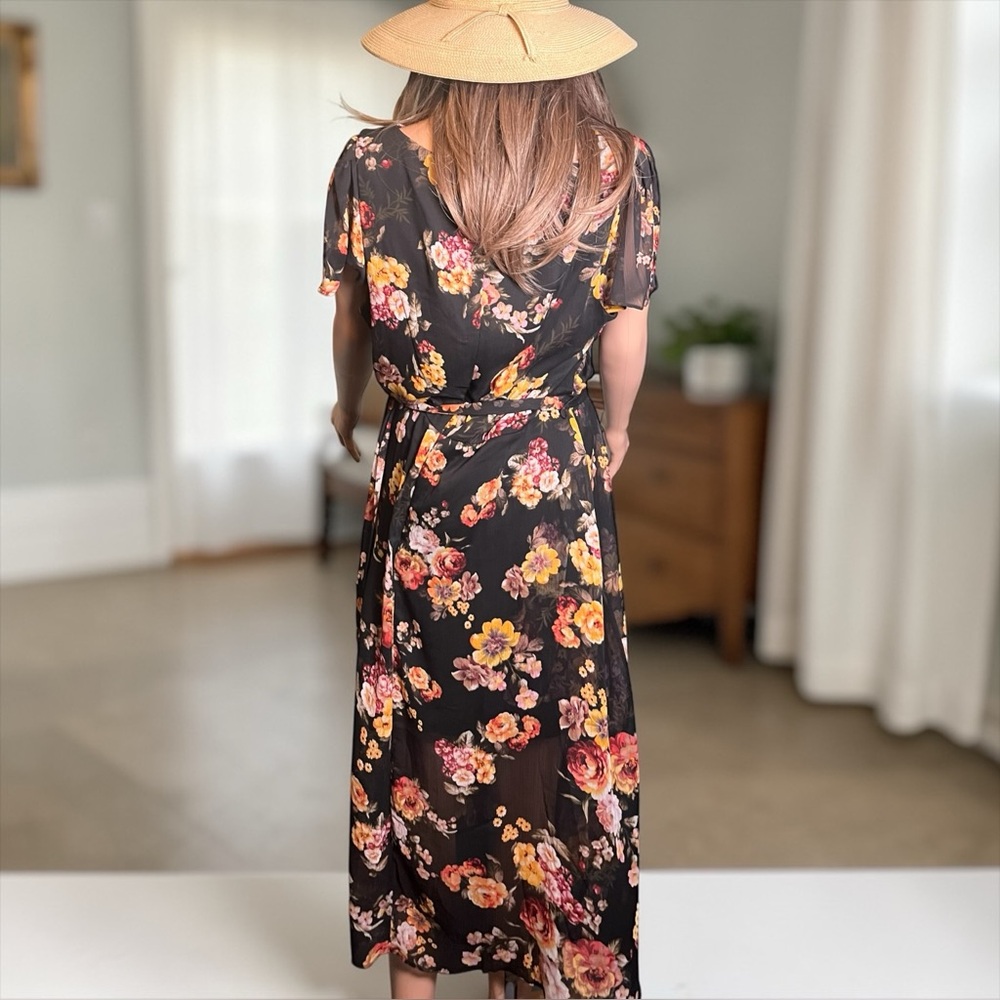 DKNY Black Floral High Low Chiffon Dress Size 16 Flutter Sleeve - Picture 6 of 8